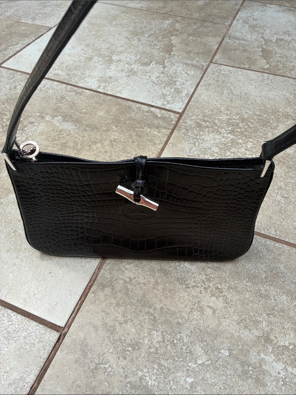 Longchamp Black Croc-Embossed Shoulder Bag with Silver Toggle - Picture 10 of 10
